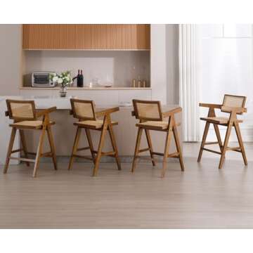 EALSON Rattan Counter Height Bar Stools Set of 4 Modern Farmhouse Wood Barstools with Cane Back/Seat and Arms Mid Century Comfy Counter Stools for Kitchen Island, 26 Inches Walnut Brown