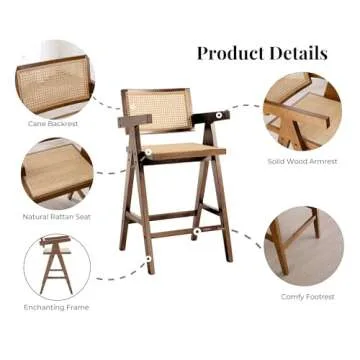 EALSON Rattan Counter Height Bar Stools Set of 4 Modern Farmhouse Wood Barstools with Cane Back/Seat and Arms Mid Century Comfy Counter Stools for Kitchen Island, 26 Inches Walnut Brown