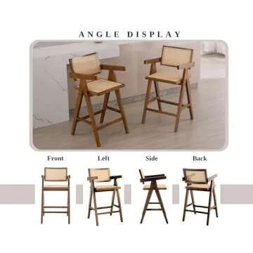 EALSON Rattan Counter Height Bar Stools Set of 4 Modern Farmhouse Wood Barstools with Cane Back/Seat and Arms Mid Century Comfy Counter Stools for Kitchen Island, 26 Inches Walnut Brown