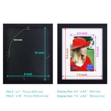 RPJC 8x10 inch Picture Frames Made of Solid Wood and High Definition Glass Display Pictures 5x7 with Mat or 8x10 Without Mat for Wall Mounting Photo Frame Black