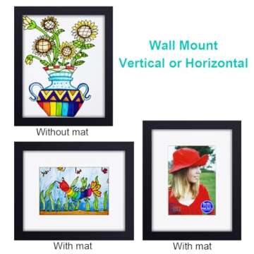 RPJC 8x10 inch Picture Frames Made of Solid Wood and High Definition Glass Display Pictures 5x7 with Mat or 8x10 Without Mat for Wall Mounting Photo Frame Black