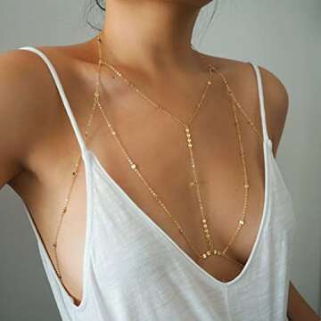 Sequins Bra Body Chain, Tiny Coins T-Row Dainty Chain Bralette, Bikini Body Jewelry, Layering Festiv...