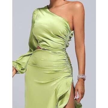 BELLA BARNETT Green Satin Dress Classy One Shoulder Dress Tiered Ruffle Dress Maxi Evening Dress Flowy Wedding Guest Dress Ruched Asymmetrical Dress