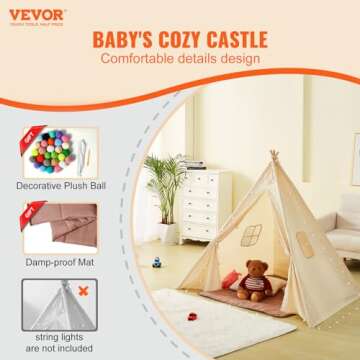 VEVOR Teepee Tent for Kids Indoor - Tent for Kids with Damp-Proof Mat & Decorative Balls, Durable Ki...