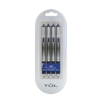 TUL Gel Pens, Retractable, Needle Point, 0.7 mm, Blue Barrel, Blue Ink, Pack Of 4