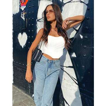 L'VOW Women's Sexy Strapless Mesh Bustiers Overbust Open Back Boned Corset Crop Top (White, Large)