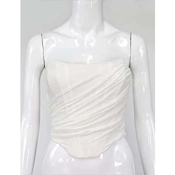 L'VOW Women's Sexy Strapless Mesh Bustiers Overbust Open Back Boned Corset Crop Top (White, Large)