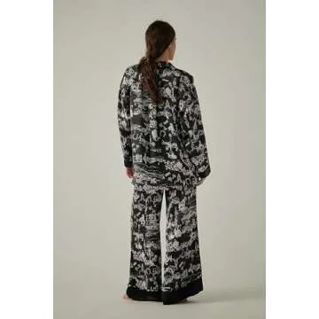 LILTWIST Silk Satin Western Cowgirl Pajamas for Women 2 Piece Floral Pjs Wide Leg Lounge Pants Long Sleeve Button Shirts Set Black