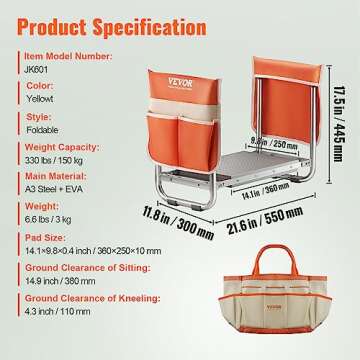 VEVOR Large Folding Garden Kneeler and Seat Heavy Duty, Widened 10" EVA Foam Pad, Portable Garden Stool with Tool Bags, Gardening Bench to Relieve Knee & Back Pain, Gifts for Seniors, Women, Parents