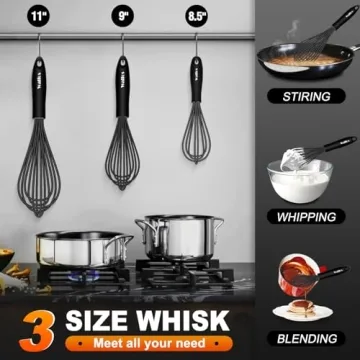 Walfos Silicone Whisk,Stainless Steel Wire Whisk Set of 3 -Heat Resistant 480°F Kitchen Whisks for Non-stick Cookware,Balloon Egg Beater Perfect for Blending,Whisking,Beating,Frothing & Stirring,Black