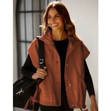 VAOYIU Women's Fleece Vest Casual Sleeveless Oversized Sherpa Jacket Button Down Vests Outerwear with Pockets(7-Brown-S)