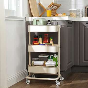 SONGMICS 3-Tier Metal Rolling Cart, Utility Cart, Kitchen Cart with Adjustable Shelves, Storage Trolley with 2 Brakes, Easy Assembly, for Kitchen, Office, Bathroom, Beige UBSC60WT