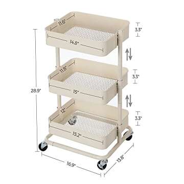 SONGMICS 3-Tier Metal Rolling Cart, Utility Cart, Kitchen Cart with Adjustable Shelves, Storage Trolley with 2 Brakes, Easy Assembly, for Kitchen, Office, Bathroom, Beige UBSC60WT
