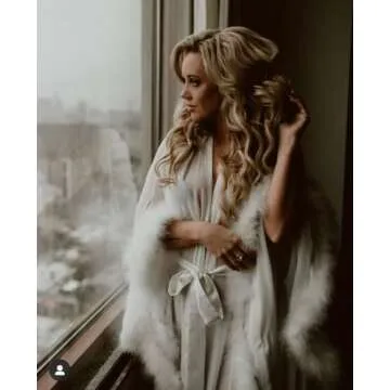 Molisa Womens Sexy Feather Bridal Robe Long Wedding Scarf Illusion Bathrobe Sleepwear Lingerie Robe Nightgown Blush S/M