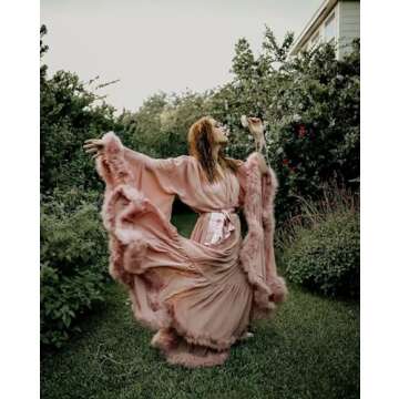 Molisa Womens Sexy Feather Bridal Robe Long Wedding Scarf Illusion Bathrobe Sleepwear Lingerie Robe Nightgown Blush S/M