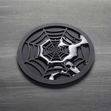 Silicone Coasters For Drinks - 6 Pack Unique Design Spider Drink Coasters, 4" Black Coaster Set by COASTERFIELD