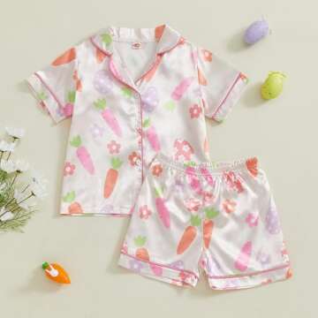 MAINESAKA Toddler Girl Satin Pajamas Set Baby Easter Pjs Bunny Print Button Down Silk Shirt And Shor...