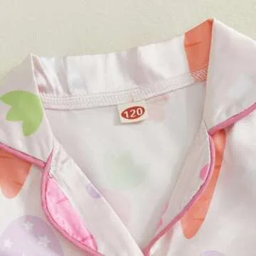 MAINESAKA Toddler Girl Satin Pajamas Set Baby Easter Pjs Bunny Print Button Down Silk Shirt And Shorts 2Pcs Summer Sleepwear (A-Pink, 4-5 Years)