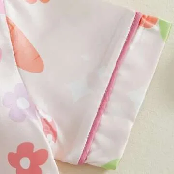 MAINESAKA Toddler Girl Satin Pajamas Set Baby Easter Pjs Bunny Print Button Down Silk Shirt And Shorts 2Pcs Summer Sleepwear (A-Pink, 4-5 Years)