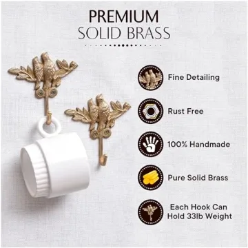 Vintage Gold Brass Bird Wall Hooks 3 Piece Set