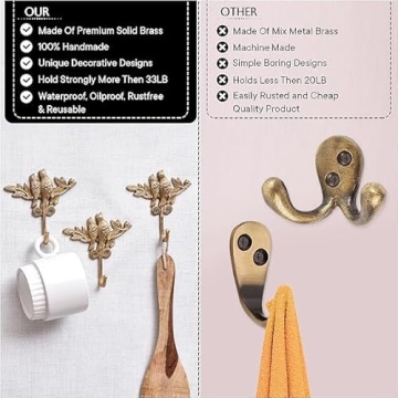 Vintage Gold Brass Bird Wall Hooks 3 Piece Set