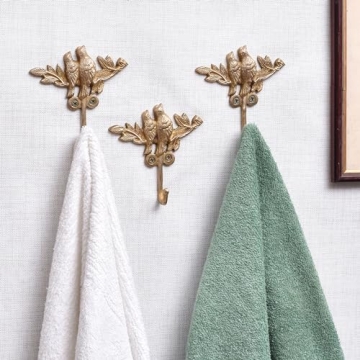 Vintage Gold Brass Bird Wall Hooks 3 Piece Set