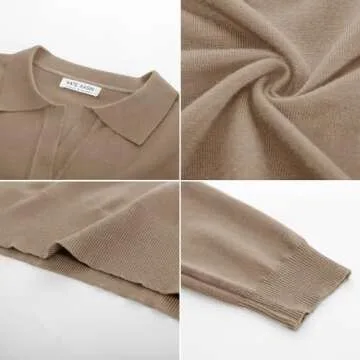 Kate Kasin Women's Casual Long Sleeve Sweater V Neck Ribbed Polo Shirt Loose Tee Top Knitwear Pullover Apricot L