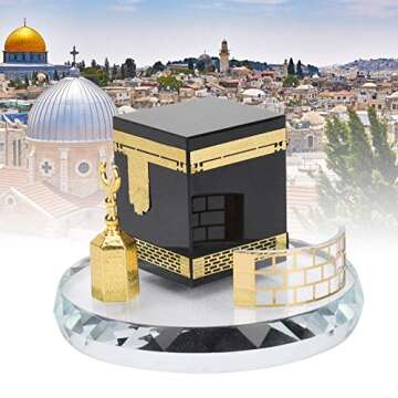 Muslim Crystal Gilded Kaaba Clock Tower Miniature Model Showpiece Muslim Crystal Gilded kaaba Model Kits Islamic Architecture Handicraft Home Vehicle Decor Islamic Building Gift