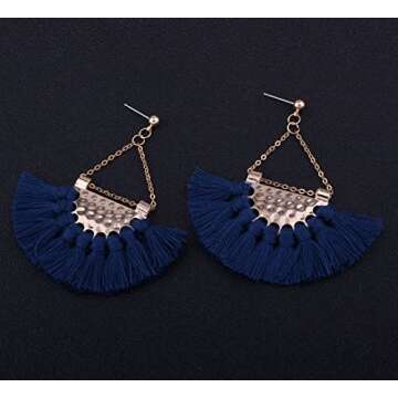 Youniker Womens Tassels Earrings Bohemian Tassel Drop Vintage Retro Tassel Dangle Boho Drop Earrings Eardrop Stud for Women (Blue)