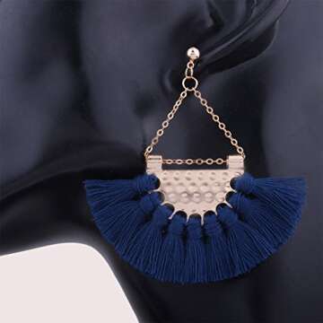 Youniker Womens Tassels Earrings Bohemian Tassel Drop Vintage Retro Tassel Dangle Boho Drop Earrings Eardrop Stud for Women (Blue)