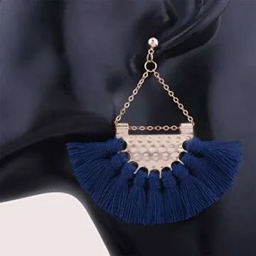 Youniker Womens Tassels Earrings Bohemian Tassel Drop Vintage Retro Tassel Dangle Boho Drop Earrings Eardrop Stud for Women (Blue)