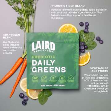 Laird Superfood Prebiotic Daily Greens Powder - Pack of 15 Single Serve Sachets - Essential Vitamins & Minerals - Fiber, Adaptogen & Fruits, Vegetables – Supports Gut Health – Non-GMO, Vegan