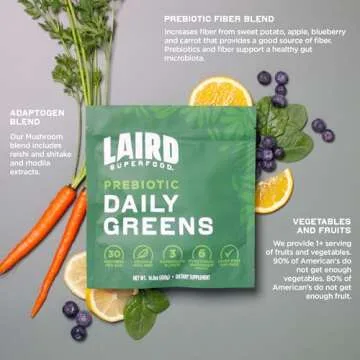 Laird Superfood Prebiotic Daily Greens Powder - Pack of 15 Single Serve Sachets - Essential Vitamins & Minerals - Fiber, Adaptogen & Fruits, Vegetables – Supports Gut Health – Non-GMO, Vegan
