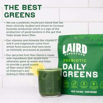 Laird Superfood Prebiotic Daily Greens Powder - Pack of 15 Single Serve Sachets - Essential Vitamins & Minerals - Fiber, Adaptogen & Fruits, Vegetables – Supports Gut Health – Non-GMO, Vegan