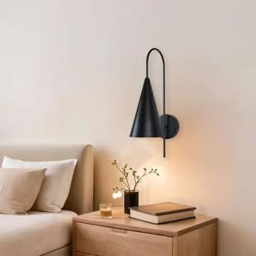 Modern Conical Metal Shade Wall Sconce Light, Industrial Gooseneck Wall Light Fixtures, Indoor Wall Mounted Lamp for Bedside Bedroom Living Room Hallway Study Room (Black)