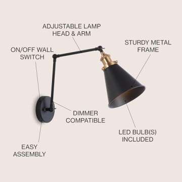 JONATHAN Y JYL7462A Rover 7" Farmhouse Industrial Adjustable Arm Metal LED Wall Sconce Rustic Bohemian 2700K LED 4W Bulb for Entryway Lobby Kitchen Bathroom Bedroom Living Room Hallway, Black