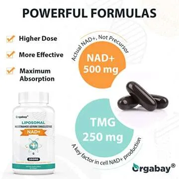 Orgabay Liposomal NAD+ Supplement 500 mg, High Absorption, Boost NAD+ with TMG 250 mg, Actual NAD Plus More Efficient Than Nicotinamide Riboside, Support Cellular Energy, Healthy Aging | 60 Softgels