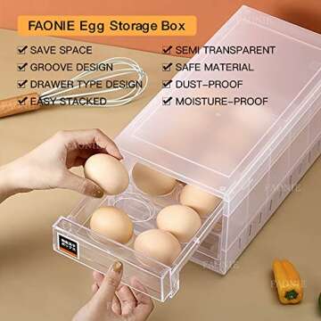 FAONIE 24 Grid Drawer Type Egg Storage Box Egg Crisper Kitchen Egg Tray Refrigerator Storage Container (White)