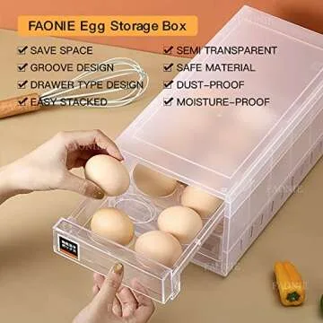 FAONIE 24 Grid Drawer Type Egg Storage Box Egg Crisper Kitchen Egg Tray Refrigerator Storage Container (White)