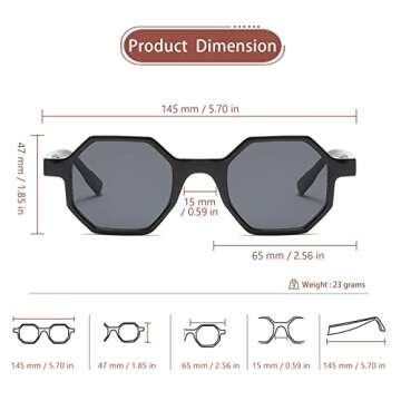 Freckles Mark Retro Hexagon Sunglasses for Men Women Vintage Small Square Glasses (Grey/Black)