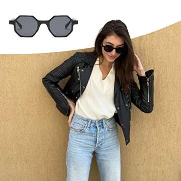 Freckles Mark Retro Hexagon Sunglasses for Men Women Vintage Small Square Glasses (Grey/Black)