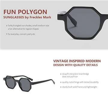 Freckles Mark Retro Hexagon Sunglasses for Men Women Vintage Small Square Glasses (Grey/Black)