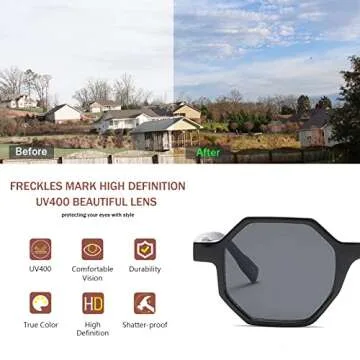 Freckles Mark Retro Hexagon Sunglasses for Men Women Vintage Small Square Glasses (Grey/Black)