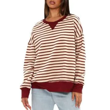 Darong Womens Oversized Sweatshirt 2024 Casual Crewneck Long Sleeve Colorblock Striped Pullover Tunic Tops Outfits 9071 Beige Red S