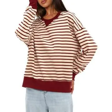 Darong Womens Oversized Sweatshirt 2024 Casual Crewneck Long Sleeve Colorblock Striped Pullover Tunic Tops Outfits 9071 Beige Red S