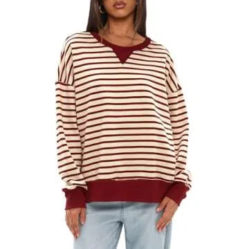 Darong Womens Oversized Sweatshirt 2024 Casual Crewneck Long Sleeve Colorblock Striped Pullover Tunic Tops Outfits 9071 Beige Red S