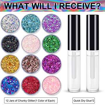12 Jars of Cosmetic Chunky Glitter Shimmer Body Face Hair Eye Party Beauty Makeup Temporary Tattoos ...