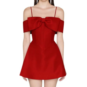 Women’s Spaghetti Strap Homecoming Dresses for Teens Bow Satin Off Shoulder Short Prom Dress Eveni...