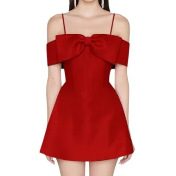 Women’s Spaghetti Strap Homecoming Dresses for Teens Bow Satin Off Shoulder Short Prom Dress Eveni...