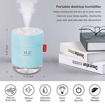 Portable Mini Humidifier, 500ml Small Cool Mist Humidifier, USB Personal Desktop Humidifier for Baby...